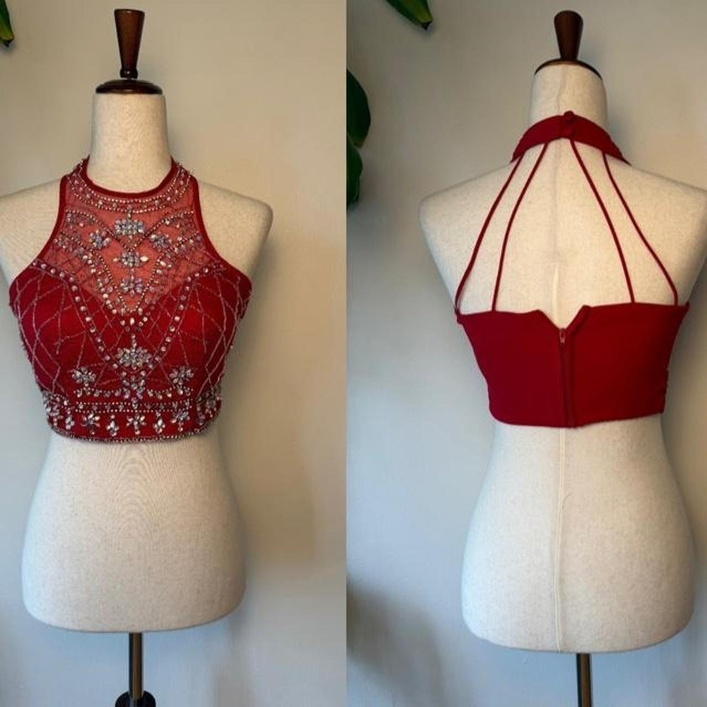 B. Darlin Red Beaded Sequin Mesh Halter Crop Top Strappy Back XS 3/4